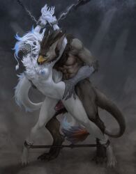 absurd_res anthro ass avian bent_legs bodily_fluids breasts butt_grab clitoral clitoris closed_eyes cuff_(restraint) dragon duo ears_back eyelids feathers female from_behind_position genital_fluids genitals grabbing_from_behind gryphon hair hand_behind_head hand_on_butt handcuffs hi_res long_hair long_tail looking_pleasured male male/female maxtheshadowdragon metal_cuffs muscular muscular_male mythological_avian mythology narrowed_eyes paws penis pivoted_ears pussy pussy_juice raised_arm raised_tail restraints sabot_(marasabot) sensual sex size_difference spread_legs spreading standing standing_sex tail tail_tuft teeth_showing throat_grab tongue tongue_out trava_aka_sanchez tuft weregryphon