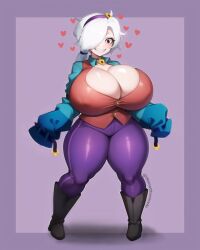 1girls ai_generated big_breasts black_boots blue_sleeves blush boob_window boots braided_hair brawl_stars breasts_bigger_than_head choker clothed clothed_female colette_(brawl_stars) curvy curvy_body curvy_female curvy_figure curvy_hips female female_only fully_clothed fully_clothed_female gigantic_breasts hair_ornament hair_over_one_eye hairband happy heart hearts_around_head huge_breasts human large_breasts light-skinned_female light_skin long_hair long_sleeves monochrome_ai pants purple_background purple_pants red_vest sharp_teeth sleeves smile smiling solo standing supercell teeth thick thick_thighs tight_clothing toony vest voluptuous voluptuous_female waistcoat white_hair wide_hips