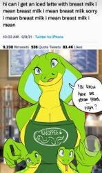 1girls 5ushiroll apron barista blue_eyes breasts cleavage dialogue english_text female female_only furry green_apron green_skin iced_latte_with_breast_milk large_breasts looking_at_viewer meme naked_apron scalie scalie_female sideboob snake_girl solo solo_female speech_bubble talking_to_viewer text viper_(x-com) x-com x-com:_chimera_squad xcom_2