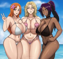 3girls arcsinge bare_shoulders beach bikini bleach breast-to-breast breasts busty clothing curvaceous dark-skinned_female dark_purple_hair dark_skin day feet_out_of_frame female female_only high_resolution huge_breasts inoue_orihime large_breasts light-skinned light-skinned_female light_skin matsumoto_rangiku multiple_girls navel open-mouth_smile open_mouth orange_hair outdoors purple_hair shihouin_yoruichi sky smile standing swimsuit thick_thighs thighs trio v