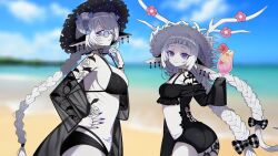 2girls bikini female female_only horns multiple_girls philia_synthvia purple_eyes rose_tattoo sisters synthvia_sisters tilia_synthvia white_hair