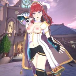 1girls 3d alternate_eye_color bangs blue_eyes breasts celica_(fire_emblem) emblem_(fire_emblem) eyro3dcg female female_only fingerless_gloves fire_emblem fire_emblem_echoes:_shadows_of_valentia fire_emblem_engage gloves long_hair looking_at_viewer medium_breasts nintendo nipples open_mouth outdoors red_hair skirt_lift smile solo upskirt