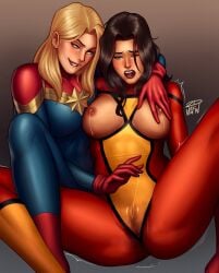 2dnsfw 2dswirl 2girls areola areolae big_breasts biting_lip biting_own_lip blonde_female blonde_hair breasts breasts_exposed breasts_out captain_marvel carol_danvers exposed exposed_breasts female female_focus female_only fingering fingering_partner fully_clothed jessica_drew lesbian_sex marvel marvel_comics multiple_girls nude nude_female spider-woman squirt squirting yuri