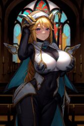 1girls 2023 ai_generated ai_hands anime_nose arm_up big_breasts blonde_hair blue_eyes blush braid braided_ponytail breasts church church_interior cleavage clothed_female female female_only goddess_of_victory:_nikke habit hand_on_hair hand_on_head looking_at_viewer multicolored_bodysuit navel nun rapunzel_(nikke) solo staff wings