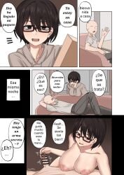 1boy 1girls bored bored_sex censored comic disinterested disinterested_sex emotionless emotionless_sex enari fake_smile faking_joy faking_pleasure female femdom glasses handjob light-skinned_female light-skinned_male light_skin male netorare ntr penis short_hair small_penis spanish_text spanish_translation tease teasing text translation_request