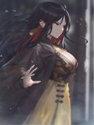 1girls absurd_res big_breasts black_hair boob_window breasts chinese_clothes cleavage dark_hair ear_ring female gloomyowl goddess_of_victory:_nikke light-skinned_female light_skin long_hair moran_(nikke) open_hand red_eyes red_highlights scowl solo sunglasses sunglasses_removed