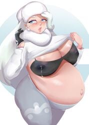 1girls alternate_breast_size bare_belly blue_eyes female female_only huge_breasts lactation lactation_through_clothes long_hair melony_(pokemon) milf nursing_bra old_woman outie_navel palitexx pokemon pokemon_ss pregnant pregnant_older_female ready_to_pop taking_clothes_off tight_clothing white_hair