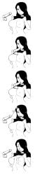 2d areola areolae artix0_(artist) black_and_white black_hair black_shirt boob_drop breasts cleavage comic comic_page comic_strip cum cum_on_breasts cum_on_face disembodied_penis edit fellatio hair hair_over_one_eye large_breasts nila_(telepurte) nipples penis presenting_breasts shirt shirt_lift showing_breasts smile smiling striped tagme tease teasing teasing_breasts teasing_viewer telepurte