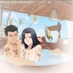 1boy 1girls bathing bathing_outside bathing_together breasts champagne_glass cleavage damian_wayne damianwaynealghul dc dc_comics female forehead_jewel in_water intimate male male/female mixed_bathing nude rachel_roth raven_(dc) robin_(damian_wayne) robin_(dc) romantic straight tattoo teen_titans wink