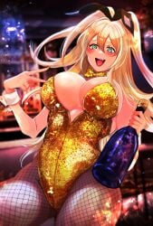 1girls absurd_res alcohol big_breasts blonde_hair blush breasts bunny_ears bunny_girl cleavage collar detached_collar female fishnets goddess_of_victory:_nikke green_eyes gyaru hair_ribbon holding_object long_hair open_mouth rupee_(nikke) rupee_(rabbit_deluxe)_(nikke) smile solo tan tan-skinned_female tan_skin tanned_female tanned_skin v_sign wine_bottle yellow_bowtie yellow_leotard