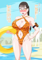 bashful beach belly_button big_breasts blush breasts cleavage exposed_navel exposed_stomach female high_cut_swimsuit japanese_text kamen_rider kamen_rider_zero-one_(series) leopard_print leopard_print_bikini orange_swimsuit otokam1117 page_2 revealing_swimsuit swimsuit thighs toned toned_female translated yua_yaiba