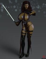 1girls 3d 3d_(artwork) aesmadaeva37 alien alien_girl alien_humanoid big_breasts boots busty cleavage curvaceous curvy curvy_figure digital_media_(artwork) eyebrows eyelashes eyes female female_only giant_breasts hips hourglass_figure huge_breasts jedi light-skinned_female light_skin lightsaber lips lucasfilm luminara_unduli massive_breasts mature mature_female mirialan revealing_clothes solo star_wars thighhighs watermark wide_hips