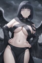 1girls ai_generated black_dress black_hair black_wings boruto:_naruto_next_generations busty curvy dark_angel dark_sky female hands_on_hips hi_res highres hyuuga_hinata milf naruto pixai short_hair skimpy white_eyes