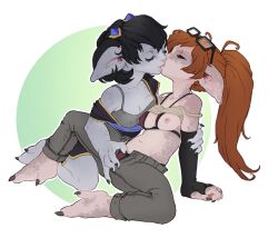 armwear asura barelynsfw_(artist) closed_eyes female female/female guild_wars_2 hair kissing pyriax removing_clothing small_breasts videogames yuri