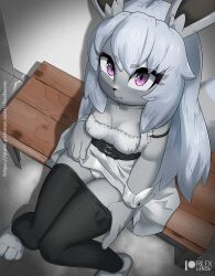 anthro breasts clothing eevee female fur generation_1_pokemon grey_body grey_fur grey_hair hair hi_res maid_uniform nintendo pokemon pokemon_(species) purple_eyes rilex_lenov shiny_pokemon sitting solo uniform