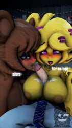 2girls 2girls1boy 3d 3d_(artwork) areolae artist_logo big_breasts big_penis blue_eyes blush breasts cally3d chica_(cally3d) chica_(fnaf) chiku chiku_(cryptia) clazzey cryptiacurves cum dialogue fazclaire's_nightclub five_nights_at_freddy's fnaf freddy_(fnaf) fredina's_nightclub fredina_(cally3d) frenni_(cryptia) frenni_fazclaire hi_res licking_penis male/female male_pov nipples paizuri penis penis_between_breasts pink_eyes pov scottgames scrapkill text tongue tongue_out