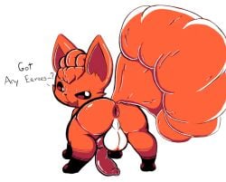 animal_genitalia animal_penis anus ass balls canine_genitalia canine_penis dialogue dustyspaghetti english_text feral furry generation_1_pokemon genitals knot looking_back male multi_tail nintendo open_mouth penis pokemon pokemon_(species) presenting_hindquarters rear_view simple_background smile solo tail text vulpix