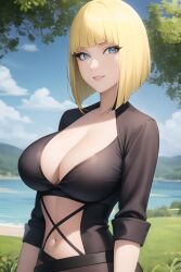 1girls ai_generated bare_breasts bare_chest bare_midriff bell_haircut big_breasts blonde_female blonde_hair blue_eyes blunt_bangs blush bob_cut breasts center_opening clothing collarbone dress eyelashes eyelashes_visible_through_hair eyeliner happy_female huge_breasts large_breasts lipstick long_hair makeup mature mature_female midriff nai_diffusion naruto naruto_(series) naruto_shippuden nature no_bra oppai outdoors parted_lips pink_lips pinup revealing_clothes sagging_breasts samui short_hair skimpy skimpy_clothes sleeves_rolled_up smile smiling_at_viewer stable_diffusion top_heavy upper_body voluptuous voluptuous_female