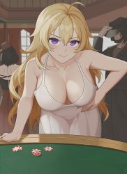 100wang 1girls ahoge big_breasts blonde_hair busty cleavage confident dress eye_contact hand_on_hip large_breasts long_hair looking_at_viewer poker pose posing public rooster_teeth rwby sensual smile tagme violet_eyes white_dress yang_xiao_long