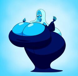 alien_female alien_girl big_ass big_breasts blue_background blue_body blue_diamond_(steven_universe) blue_eyes breasts_bigger_than_head cartoon_network clothed dress female female_alien female_only gem_(species) huge_breasts solo solo_female steven_universe white_hair