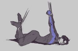 1boy arched_back arms_above_head arms_behind_back arms_held_up arms_tied batman_(series) bondage captured captured_hero dc dc_comics dick_grayson f1ngerstripes legs_tied legs_up lying_on_stomach male male_focus male_only nightwing nonconsensual solo_male thick_ass tied_up