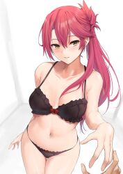 belly black_bra black_panties bra breasts collarbone eiyuu_densetsu female hair_between_eyes highres kauru00 large_breasts long_hair looking_at_viewer navel panties pov red_hair sara_valestein sen_no_kiseki simple_background smile solo_focus standing underwear underwear_only white_background yellow_eyes