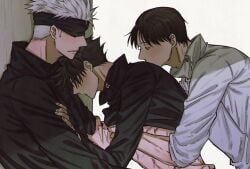 3boys being_undressed blindfold fushiguro_megumi fushirun_rung gay hand_under_clothes jujutsu_kaisen male male/male male_focus male_only sandwiched satoru_gojo shirt_up threesome undressing white_hair yaoi yuta_okkotsu