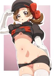 corruption crop_top elbow_gloves enemy_conversion erect_nipples_under_clothes kousaka_jun lyra_(pokemon) nintendo nipples no_panties pokemon pokemon_hgss pussy pussy_peek skirt team_rocket team_rocket_grunt team_rocket_uniform underboob white_gloves