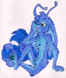 1boy 4_eyes 4_toes 5_fingers absurd_res anthro anthro_only arm_tuft balls barely_visible_balls barely_visible_genitalia biped blue_body blue_fur blue_pawpads brown_eyes cheek_tuft chest_tuft circle_eyebrows claws collarbone countershade_arms countershade_face countershade_feet countershade_fur countershade_legs countershade_torso countershading crossed_ankles crotch_tuft dipstick_ears elbow_tuft eyebrows eyestalks facial_tuft feet finger_claws fingers floppy_ears fluffy fluffy_tail frown fur genitals green_sclera half-closed_eyes hand_on_face head_tuft hi_res inner_ear_fluff knee_tuft leg_tuft littlestfuzz long_ears long_tail lop_ears male male_only mammal marker_(artwork) markings multi_eye multicolored_ears narrowed_eyes neck_tuft nude pawpads paws plantigrade shoulder_tuft simple_background sitting skinny skinny_male soles solo spots spotted_body spotted_fur striped_markings striped_tail stripes tail tail_markings tobi_(littlestfuzz) toe_claws toes tongue tongue_out traditional_media_(artwork) tuft