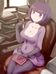 10s blunt_bangs bob_cut book book_stack breasts chair cleavage creatures_(company) elbow_gloves elite_four female game_freak gloves kous_(onetwojustice) nintendo pantyhose pen pokemon pokemon_(game) pokemon_bw purple_eyes purple_hair shauntal_(pokemon) short_hair sitting skirt solo