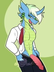 anthro big_penis dativyrose dragon dress_shirt huge_cock licking_lips looking_at_viewer male muscular muscular_male narrowed_eyes pants penis tagme tie