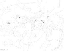 annoyed anthro appelfriuts_(artist) big_ass black_and_white bouncing_breasts cum half_naked happy line_art male/female motion_lines nude_female outside penetration red_eyes sex small_breasts stomach_bulge