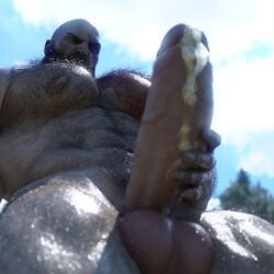 angry_face bald_man bara beard big_penis cum_drip cum_leaking daddy dilf erect_penis erection facial_hair gay god_of_war hairy hairy_chest kratos male_focus male_only manboobs muscle_slut muscular_male nsfwmaker nude outdoors solo solo_male