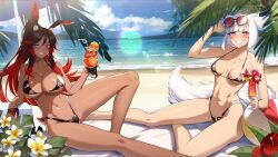 abs beach beachball big_breasts bikini black_hair blue_eyes breasts bunny_ears cat_ears catgirl cluseller drinks ear_piercing earrings fangs fangs_out final_fantasy final_fantasy_xiv flowers fruit half-scoop_gloves inviting kirih kirih_(sword_scream) kirih_shiraishi latex long_legs miqo'te o'sha_fae-ilja_(character) orange pale_skin parasol red_hair sharp_teeth small_breasts smug smug_grin sunglasses tail tan_body tanned tanned_skin teasing teasing_viewer toned_body toned_female towel two_tone_hair viera water white_hair