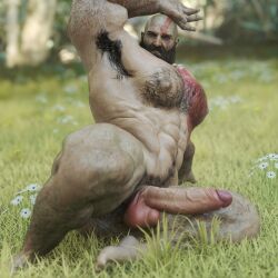 3d bald_male bara beard boner daddy dilf erect_penis erection facial_hair gay god_of_war grass grass_field hairy kratos male male_focus male_only muscle_slut muscular muscular_male nsfwmaker nude outdoors outside penis sitting solo solo_male
