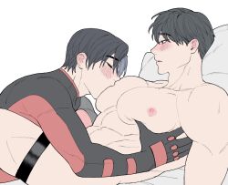 batcest between_legs closed_eyes dc dc_comics gay jason_todd jaytim male male/male male_chest male_only muscular_male naked_male_with_clothed_male red_hood_(dc) red_robin submissive_male sucking_male_nipple sucking_nipples tim_drake yaoi