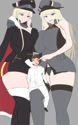 1boy 2girls 2girls1boy azur_lane big_breasts bismarck_(azur_lane) bismarck_(kantai_collection) blonde_female blonde_hair blue_eyes breasts chocolate crossover female force_feeding giantess kantai_collection larger_female light-skinned_female looking_down looking_down_at_partner loving_gaze male mini_giantess sharing smaller_male tall_female tall_girl tall_woman taller_female taller_girl thick_thighs thighs visible_underwear いばらーど