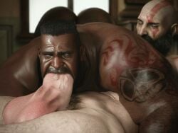 3d bald_man bara barret_wallace beard big_penis blowjob blowjob_face crossover daddy dark-skinned_male dark_skin dilf drooling erect_penis erection facial_hair final_fantasy final_fantasy_vii gay god_of_war hairy interracial kratos male_focus male_only muscle_slut muscular_male nsfwmaker nude sucking_penis yaoi