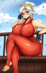 big_breasts crossed_legs darboo fixing_glasses glasses huge_breasts leaves leotard looking_at_viewer massive_breasts nintendo nipples_bulge purah purah_(tears_of_the_kingdom) red_eyes short_hair sitting sky tears_of_the_kingdom the_legend_of_zelda thick_thighs toeless_legwear voluptuous voluptuous_female white_hair