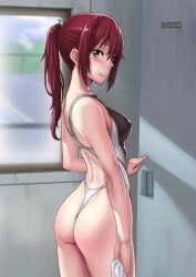 1girls competition_swimsuit female female_only free! fully_clothed locker_room matsuoka_gou nipple_bulge ponytail red_hair revealing_clothes sawaragi skimpy_clothes skin_tight solo swimsuit thong tight_clothing tight_fit