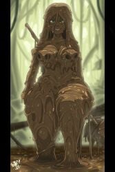 artist_signature covered_in_mud dirty green_eyes hula_girl hula_girl_(shonuff) jungle jungle_girl mud muddy partially_submerged shonuff shonuff44 smile swamp warrior weapon