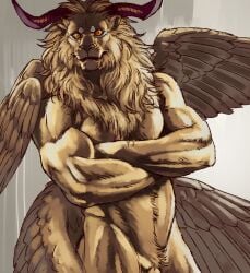 2023 2_horns 4_wings anthro barely_visible_genitalia barely_visible_penis biceps big_muscles biped chimera crossed_arms crotch_tuft curved_horn digital_drawing_(artwork) digital_media_(artwork) feathered_wings feathers felid fur genitals grey_background hi_res horn inubikko light lighting lion lips looking_at_viewer male mammal mane mouth_closed multi_wing muscular muscular_anthro muscular_male nude orange_eyes pantherine pecs penis pupils shaded simple_background slit_pupils solo standing stare tan_body tan_fur thick_bottom_lip tuft v-cut wings