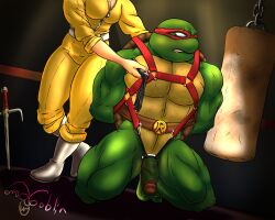 anthro april_o'neil april_o'neil_(tmnt_1987) arms_tied belt belt_buckle big_penis bondage bondage_gear bound chest_harness duo female genitals gone_goblin green_body green_skin harness hi_res human humanoid male male/female mammal muscular ninja penis raphael_(tmnt) reptile scalie teenage_mutant_ninja_turtles thick_penis tmnt_1990 turtle warrior whip whipping