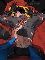 batman before_sex bruce_wayne clark_kent dc dc_comics dominant_male dubious_consent from_behind gay gripping_sheets hand_on_waist in_between_legs legs_spread lying_on_stomach male/male male_only pinned_down submissive_male superman torn_clothes torn_clothing white_6606 yaoi