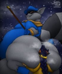 absurd_res anal anthro anthro_only ass balls bandana big_balls big_butt blue_hair cane canid canine carmelita_fox clothed clothing digital_media_(artwork) duo female fox genitals hair hat headgear headwear hi_res huge_balls huge_butt huge_thighs hyper hyper_balls hyper_butt hyper_genitalia kerchief larger_male looking_at_viewer looking_back male male/female mammal musk night oral overweight overweight_anthro overweight_male procyonid psychoticwalrus raccoon ratchetsly ratchetsly_(artist) rimming sex size_difference sly_cooper sly_cooper_(series) smile sony_corporation sony_interactive_entertainment sucker_punch_productions tail thick_thighs trash_panda