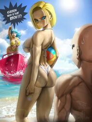 2girls android_18 ass beach_ball big_ass big_breasts bikini blonde_hair blue_hair boat breasts bubble_butt clenched_fist dat_ass dialogue dragon_ball dragon_ball_z ear_piercing earrings elitenappa female krillin kuririn looking_back male maron ocean piercing pointing sand swimsuit text thick_thighs water wide_hips