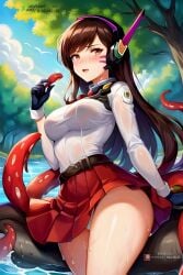 ai_generated brown_eyes brown_hair d.va lake nagual-ui overwatch red_skirt tentacle wet white_shirt