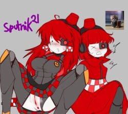 2020s 2021 2d aged_up big_breasts blush duo embarrassed female_only good_artwork grey_background mimi_sentry mini_sentry panties_aside pussy red_hair robot robot_girl sentry-chan sentry_(team_fortress_2) sentry_turret skirt spunik21 steam steamy_pussy sweatdrop team_fortress_2 tf2 valve valve_(company)