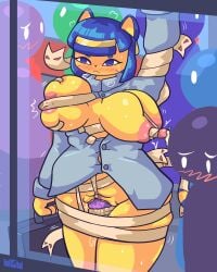 absurd_res animal_crossing ankha ankha_(animal_crossing) anthro bondage bondage_gear egyptian embarrassed endured_face female humiliation keeping_calm lactation living_clothes public public_indecency public_transportation public_vibrator tmogumi train