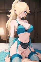 1boy 1girls ai_generated aqua_lingerie blue_lingerie blue_stockings bra cleavage cowgirl_position cum_in_pussy erect_nipples erect_nipples_under_clothes female garter_belt hair_over_one_eye large_breasts large_penis lingerie long_hair mario_(series) nintendo platinum_blonde_hair ponytail princess_rosalina robe sex stockings tiara very_long_hair wet_pussy woman_on_top